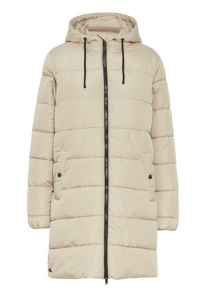Hellbeige Puffermantel mit Kapuze, vertikalen Nähten, schwarzem Reißverschluss und Kordelzügen. Verfügt über zwei Seitentaschen und elastische Bündchen.