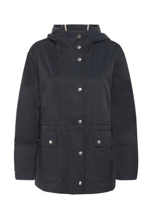 Navy waterproof jacket with a hood, snap buttons, and two front pockets. Features a breathable fabric and adjustable hems for a secure fit.