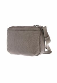 Borsa a tracolla grigia in tessuto con superficie texturizzata, scomparti con zip e una tracolla regolabile per un trasporto sicuro.