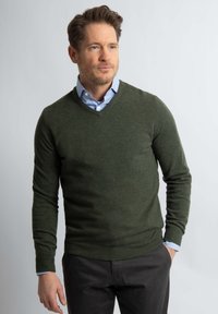 Groene v-hals trui van een zachte, gestructureerde stof, gedragen over een lichtblauw overhemd met kraag. Heeft lange mouwen en een getailleerde snit. Donkere broek.