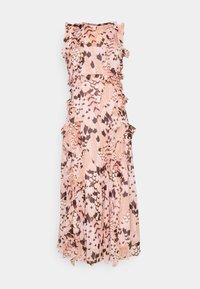 Kukallinen maksimekko vaaleanpunaisen ja ruskean sävyissä, jossa on frilly yksityiskohtia ja vartalonmyötäinen vyötärö. Valmistettu kevyestä kankaasta, joka laskeutuu nopeasti.