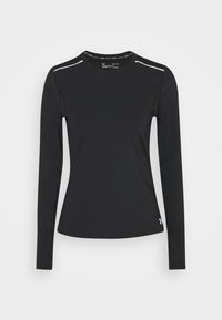 Camiseta deportiva de manga larga negra con escote redondo, rayas de acento blancas en los hombros, textura suave y logotipo en la parte inferior derecha.