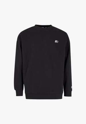 Sort crewneck sweatshirt lavet af bomuld, med lange ærmer, ribbede manchetter og et lille logo på venstre bryst. Glat tekstur.