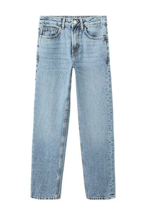 Jeans in denim azzurro chiaro a gamba dritta con tasche anteriori, passanti per cintura e chiusura con bottone.