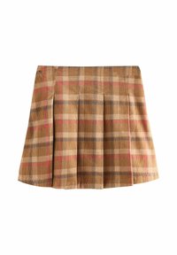 Jupe à carreaux dans des teintes de brun, beige et rose ; présente des plis et un tissu texturé. Pas de matériel ou accents visibles.