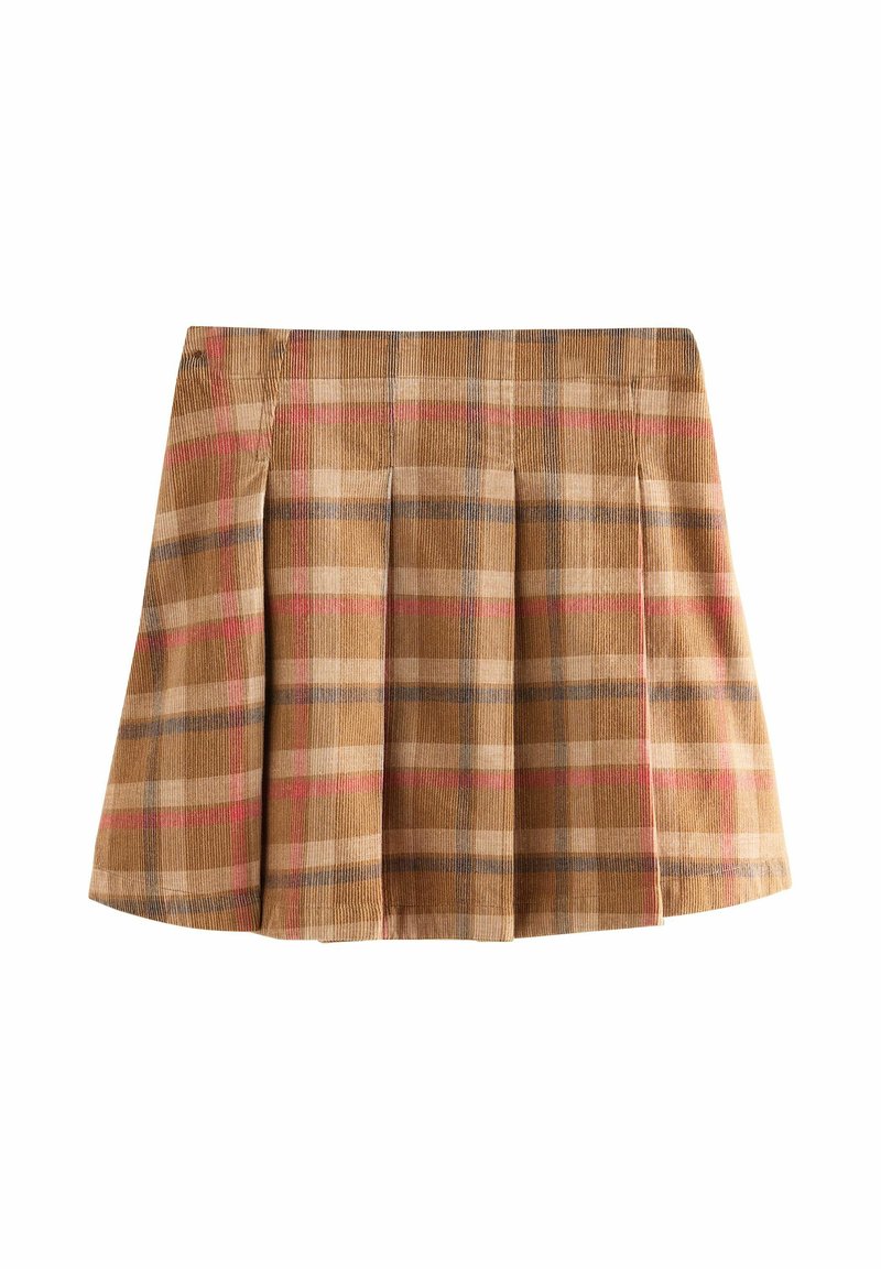 Jupe à carreaux dans des teintes de brun, beige et rose ; présente des plis et un tissu texturé. Pas de matériel ou accents visibles.