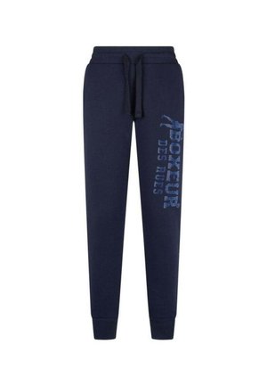 Pantaloni jogger blu navy con vita elasticizzata e cordino, caratterizzati da testo blu "BOXEUR DES RUES" e silhouette di un pugile sulla gamba destra.