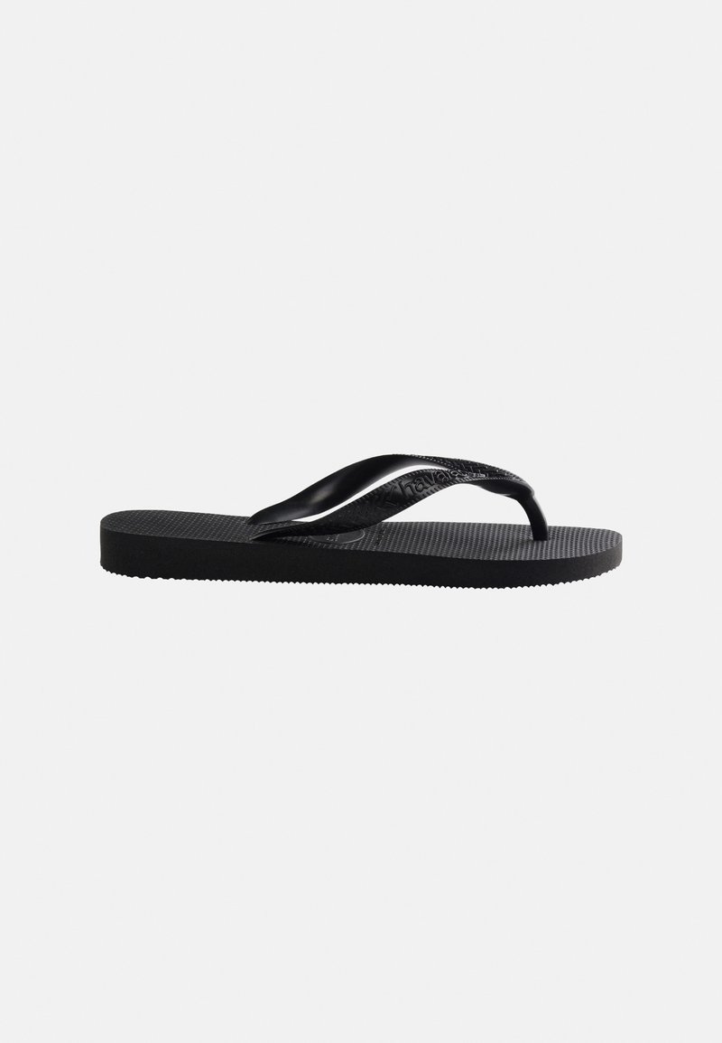 Tongs en caoutchouc noir avec semelle texturée et bride en Y lisse sur un fond clair uni.