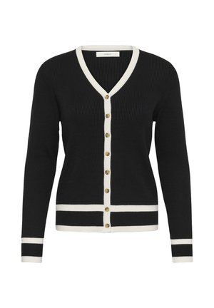 Mustast soonikangast kardigan valge äärega V-kaeluse, nööbiriba, varrukaotste ja alumise serva ümber, ees kaheksa kuldset nööpi.