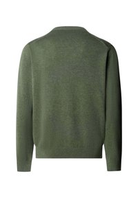 Maglione verde a maniche lunghe con scollo rotondo, polsini e orlo a coste, mostrato dalla parte posteriore su uno sfondo bianco semplice.