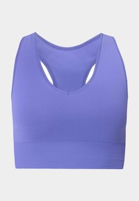 Brassière de sport violette sans coutures avec dos nageur, larges bretelles et bande élastique côtelée à la base.