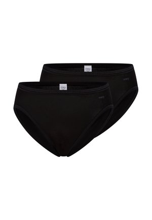 Black cotton briefs, high-waisted design, smooth texture, featuring a soft waistband. Two pairs displayed with labels visible.