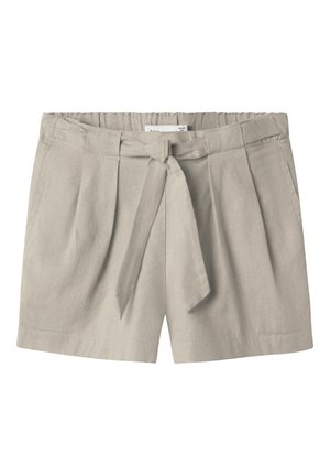 Pantaloni corti in lino grigio chiaro con frontale plissettato, dettagli della cintura coordinati e vita elastica. Texture liscia con bordi puliti.