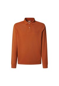 Dlhý rukáv polo tričko v spálenej oranžovej farbe, s klasickým golierom, patkou na tri gombíky a vyšitým logom na hrudi. Mäkká textúra.