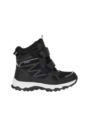 Baskets montantes imperméables noir et blanc avec deux bandes Velcro, semelle texturée et détails réfléchissants sur la tige et la languette de talon.