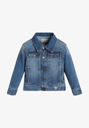 Veste en denim bleue avec un col, des boutons sur le devant, deux poches poitrine, des poches latérales et un petit patch logo à l'ourlet.