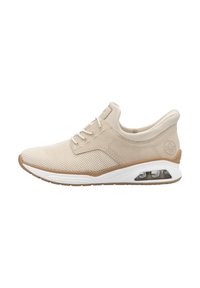 Scarpa sportiva beige chiaro con tomaia in rete, suola intermedia bianca e suola in gomma. Include dettagli decorativi e un'unità di ammortizzazione ad aria visibile.