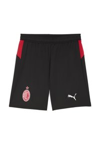 Sort shorts med røde sider, prydet med et broderet rødt og hvidt logo samt et hvidt Puma-logo. Fremstillet af åndbart stof.