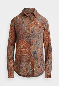 Long-sleeve shirt in brown with intricate paisley patterns in blue and cream. Features a classic collar and button-up front design.