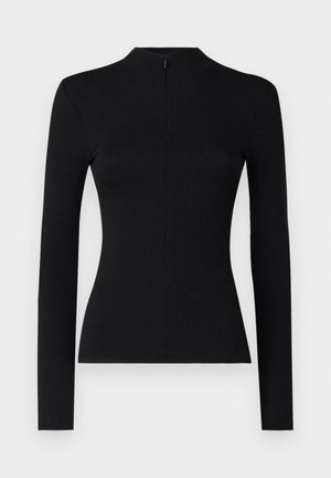 Top preto de mangas longas com textura canelada e gola alta, apresentando um fecho nas costas, com uma silhueta ajustada e textura suave.
