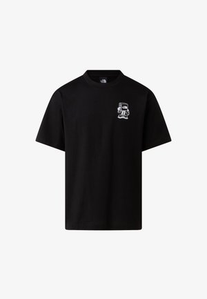 Black short-sleeve t-shirt with small white cartoon logo of a box character with "The North Face" text on the left chest.
