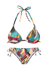 Bikini set s trojuholníkovým topom a nastaviteľnými viazaniami, s viacfarebnou tropickou potlačou, ktorá zahŕňa listy, prúžky a vzory. Štruktúrovaná tkanina.