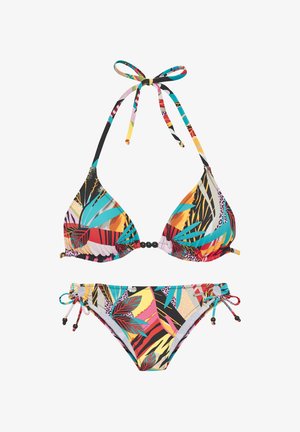 Ensemble de bikini avec haut triangulaire et liens ajustables, orné d'un imprimé tropical multicolore avec des feuilles, des rayures et des motifs. Tissu texturé.