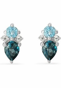 Tropfen- und runde Ohrringe mit blauen und türkisfarbenen Edelsteinen und silbernen Akzenten. Klarsteine sind oberhalb des Tropfens in einem floralen Muster angeordnet.