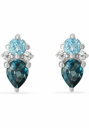 Druppel- en ronde oorbellen met blauwe en teal edelstenen met zilveren accenten. Helderstenen in een bloemmotief boven de druppel gerangschikt.