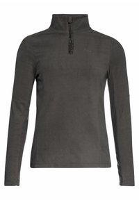 Mørkegrå langærmet fleece-pullover med kvart lynlås og stående krave, med et diskret logo på venstre bryst.