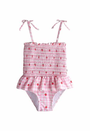Lyserød badedragt til småbørn med rynket top, bindebånd på skuldrene, flæseærmer ved taljen og rødt jordbærprint på ternet og ensfarvet stof.