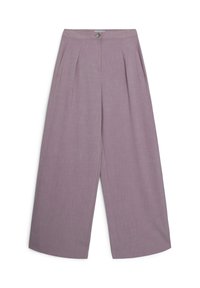 Lilafarbene weite Hosen mit vorderen Falten, flachem Bund und silberner Knopfverschluss. Hergestellt aus einem glatten, strukturierten Stoff.