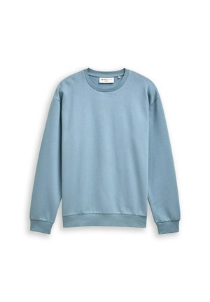 Light blue long-sleeve crew neck sweatshirt with ribbed cuffs and hem, displayed flat on a white background.