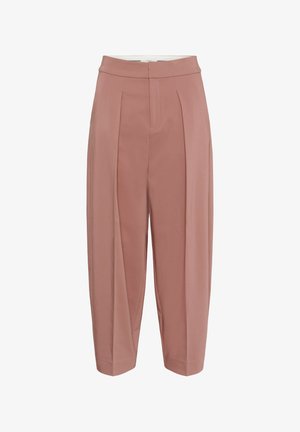 Püksid pehmes roosi värvitoonis, valmistatud kergelt läikivast kangast. Omavad voltisid, kitsenevaid sääri ja elastset vöökirja mugavuse tagamiseks.