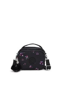 Black fabric bag with floral pattern in purple and white. Features a zip closure, adjustable strap, and a black furry charm accent.