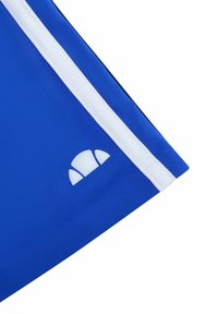 Niebieskie szorty sportowe wykonane z gładkiego materiału, z białymi paskami na wykończeniu i białym akcentem logotypu na dolnej lewej stronie.