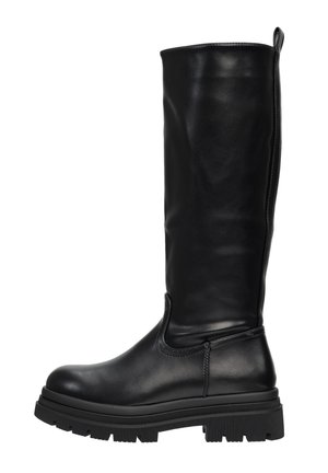 Botte noire en cuir montant jusqu'au genou avec une texture lisse, une semelle en caoutchouc épaisse, un bout arrondi et une languette en haut pour faciliter l'enfilage.