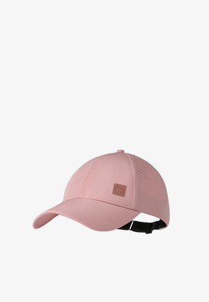 Hellrosa Baseballkappe mit gebogenem Schirm, Belüftungsöffnungen an den Seitenpaneelen, verstellbarem schwarzem Riemen und kleinem, aufgenähtem Logopatch vorne.