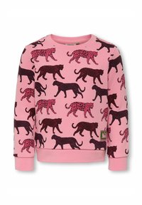Felpa rosa con un motivo di leopardi neri e rosa scuro che camminano. Collo rotondo e maniche lunghe con polsini e orlo a costine.