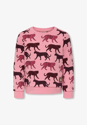 Felpa rosa con un motivo di leopardi neri e rosa scuro che camminano. Collo rotondo e maniche lunghe con polsini e orlo a costine.