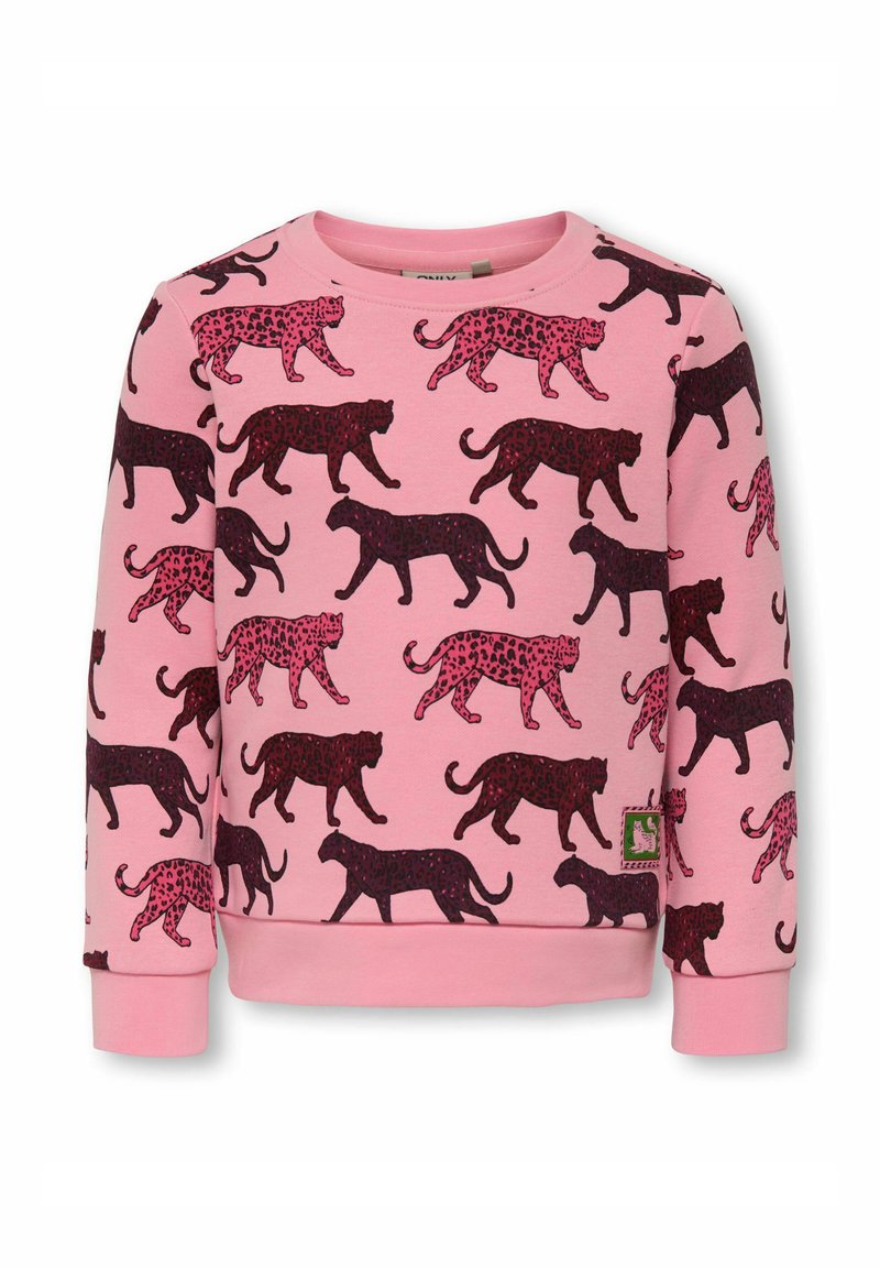 Felpa rosa con un motivo di leopardi neri e rosa scuro che camminano. Collo rotondo e maniche lunghe con polsini e orlo a costine.