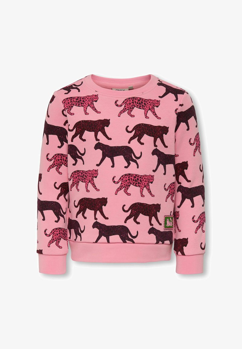Felpa rosa con un motivo di leopardi neri e rosa scuro che camminano. Collo rotondo e maniche lunghe con polsini e orlo a costine.