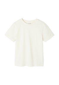 Cotton t-shirt in off-white, short sleeves, crew neckline, plain design, soft texture, and no visible patterns or embellishments.