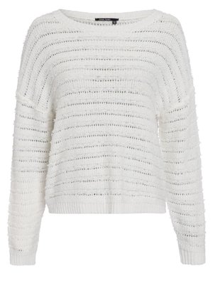 Weißer Strickpullover mit weitem Bootsausschnitt, langen Ärmeln und horizontalem Streifenmuster, das aus strukturiertem Garn und einem gerippten Saum besteht.