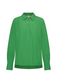 Groene zijden blouse met lange mouwen, een knoopsluiting aan de voorkant en hartvormige knopen. Gladde textuur en getailleerde pasvorm. Klassiek kraagontwerp.