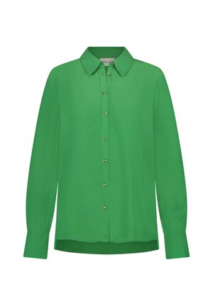 Groene zijden blouse met lange mouwen, een knoopsluiting aan de voorkant en hartvormige knopen. Gladde textuur en getailleerde pasvorm. Klassiek kraagontwerp.