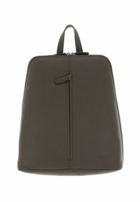 Sac à dos en cuir marron avec une texture lisse, doté d'une poignée supérieure, d'une fermeture éclair et d'une poche avant avec une tirette en cuir.