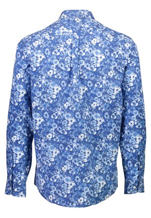 Sininen nappikauluspaita, jossa on valkoinen kukkakuosi, pitkät hihat, klassinen kaulus ja kaareva helma. Puuvillamateriaali.