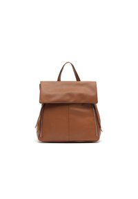 Mochila de cuero marrón con tapa plegable, que cuenta con cremalleras laterales y una superficie texturizada. Doble asa para llevar.
