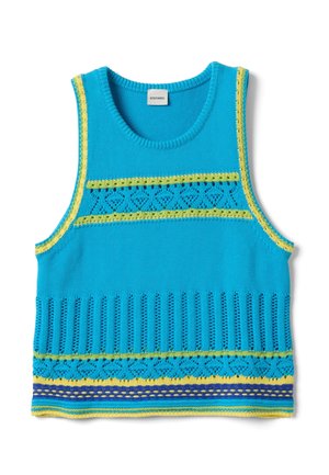 Blaues gestricktes ärmelloses Top mit gelben und dunkelblauen dekorativen Mustern und rundem Halsausschnitt.